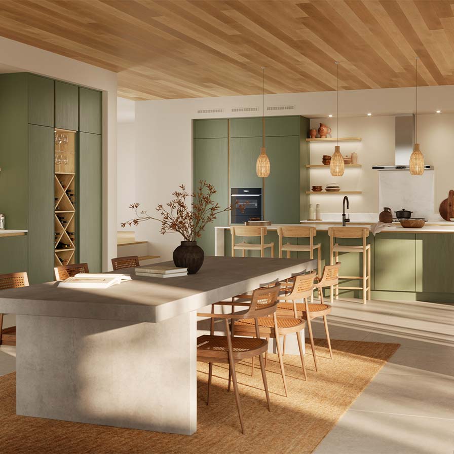 Handleless Scandi Kitchen in Green and Oak