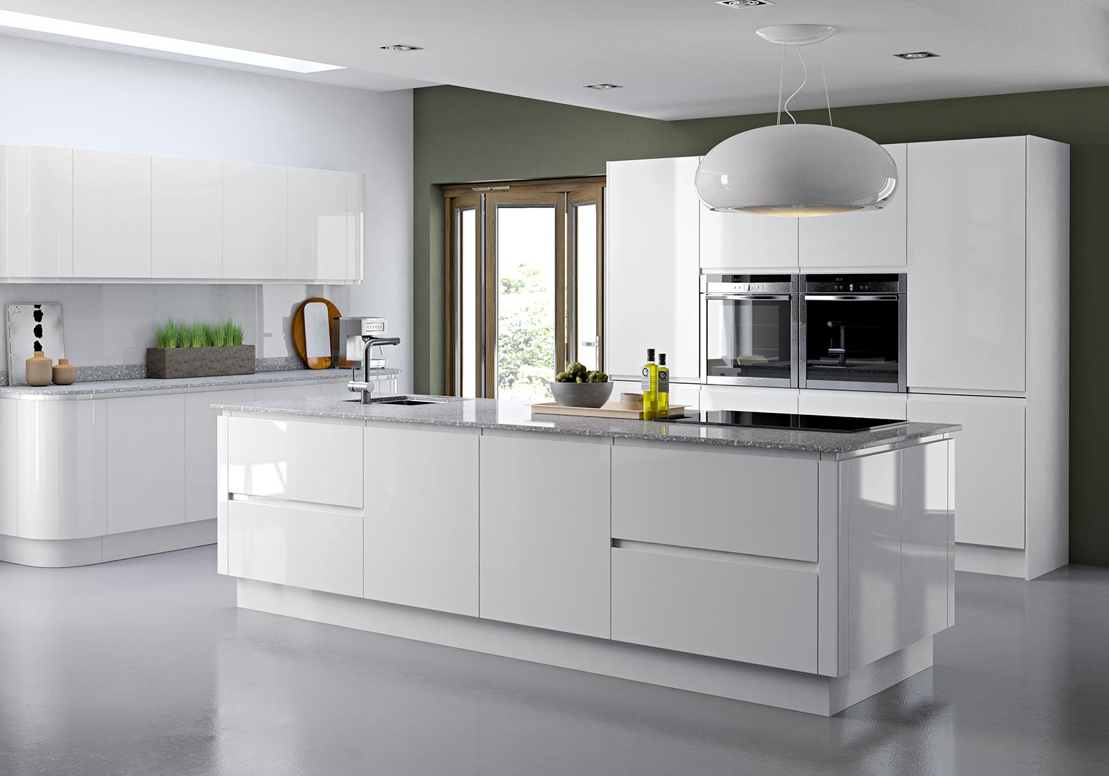 white gloss kitchen cabinet wall idea