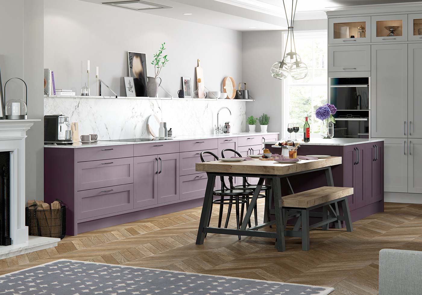 lilac purple wall with oak cabinet kitchen