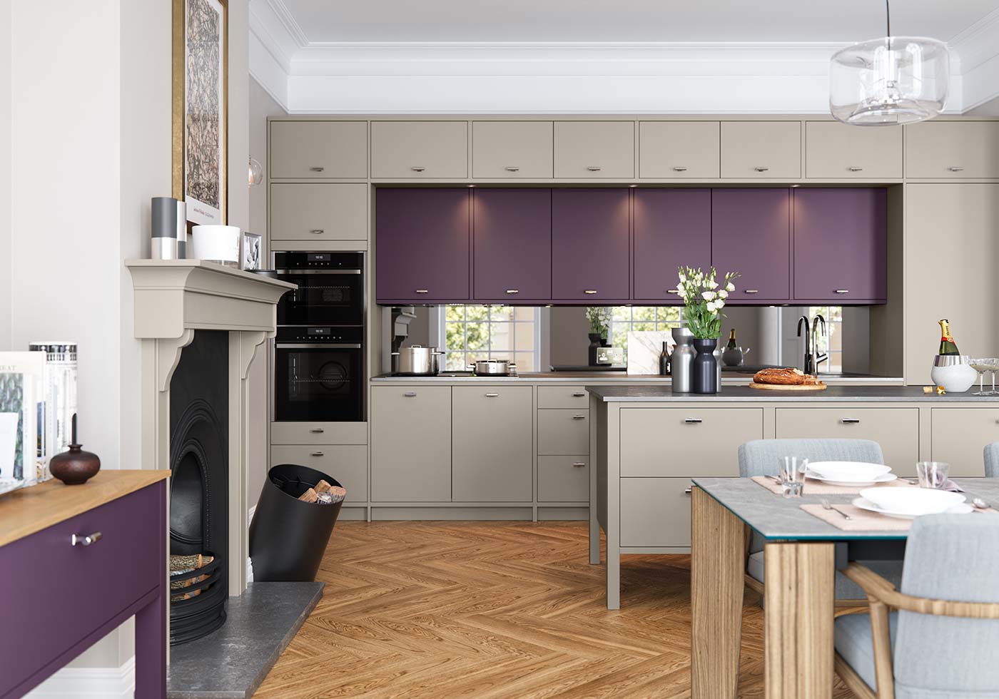 grey kitchen purple wall