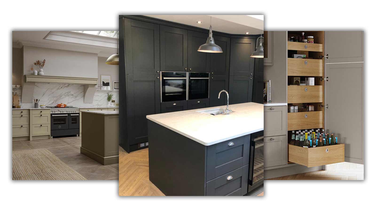 Three distinct Shaker kitchens with black, pale green and grey doors