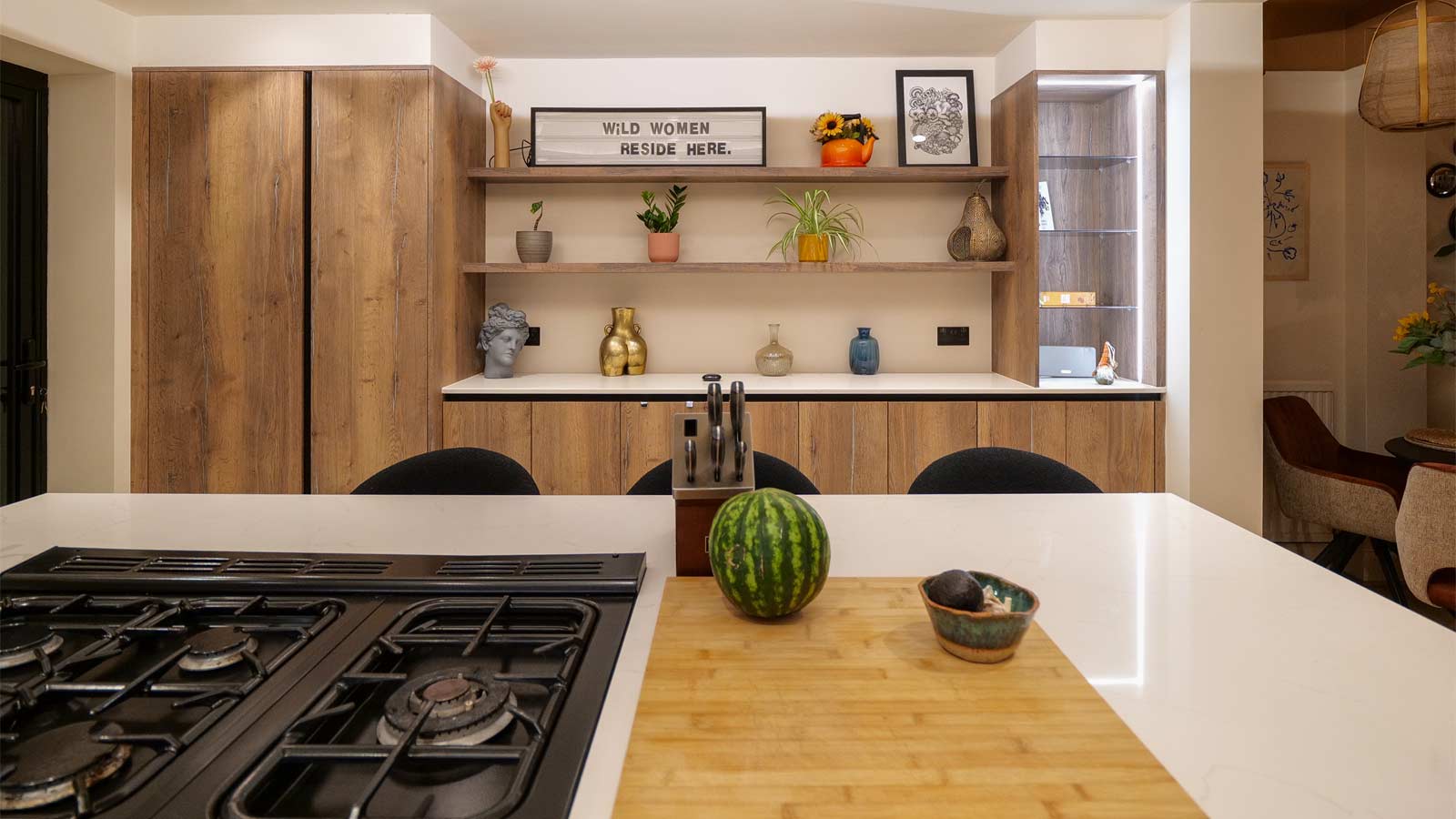 Charlie Brooks’ kitchen with bohemian kitchen style accessories on open shelving