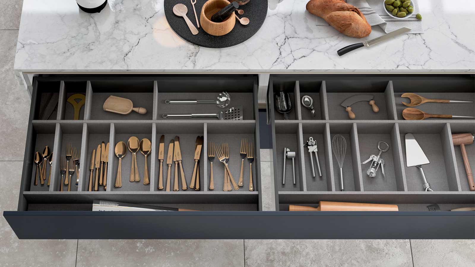 Extra-wide kitchen cabinet drawers that demonstrate the Scandi furniture style