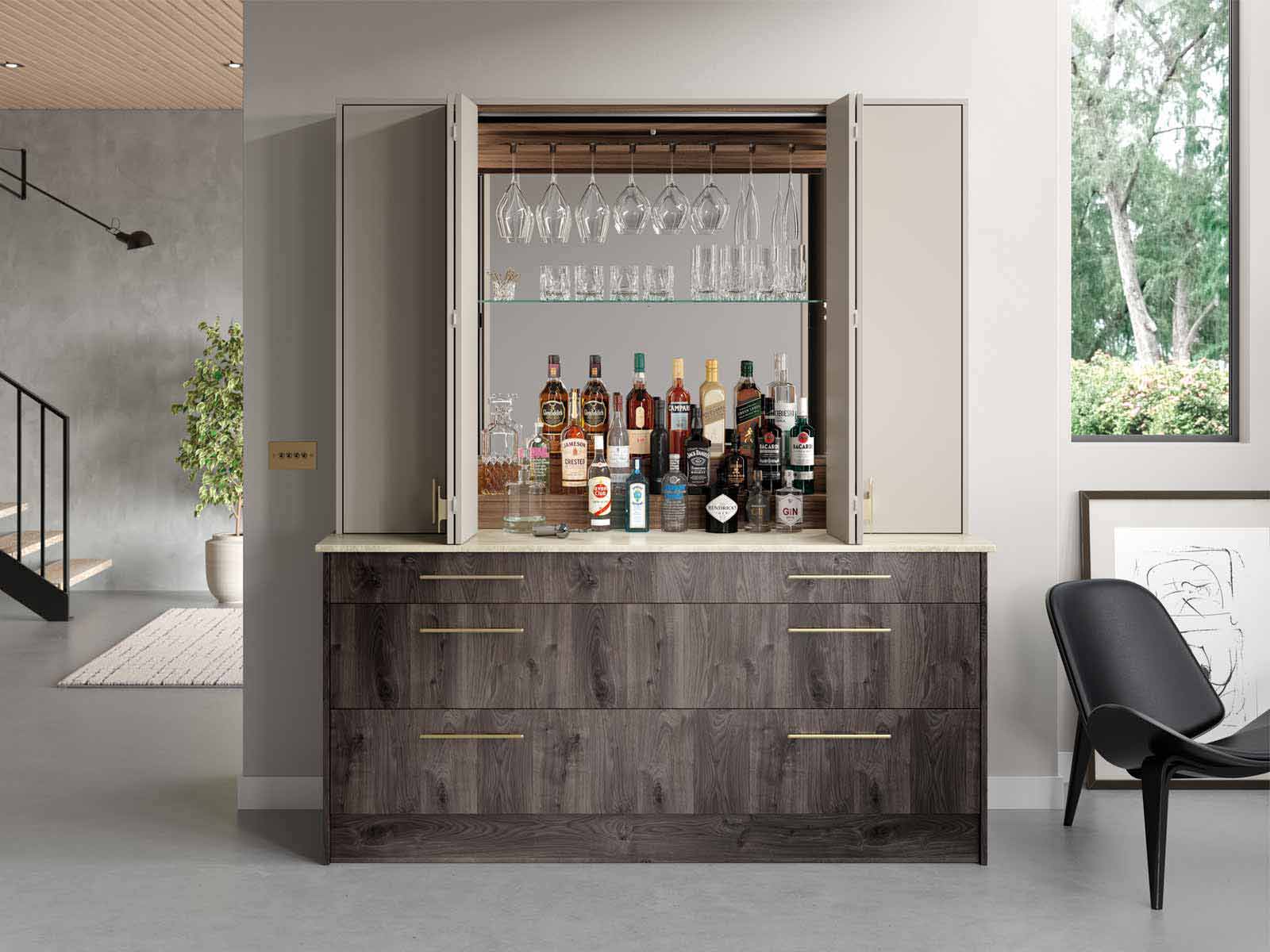 Drinks cabinet housed in a bar dresser