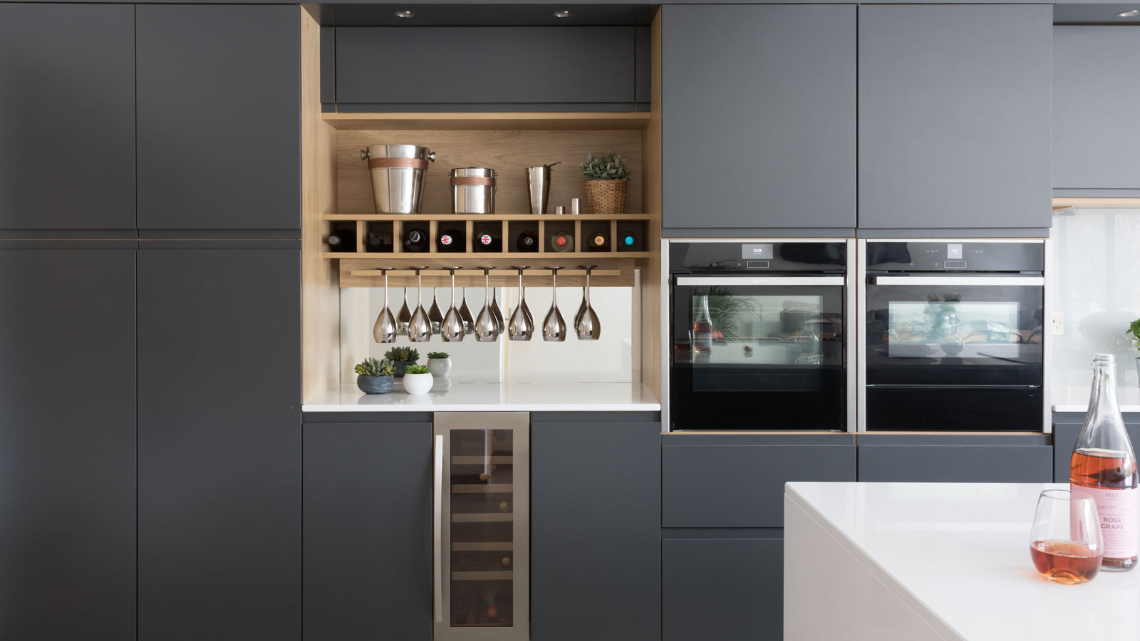 Open shelving drinks storage in a modern kitchen