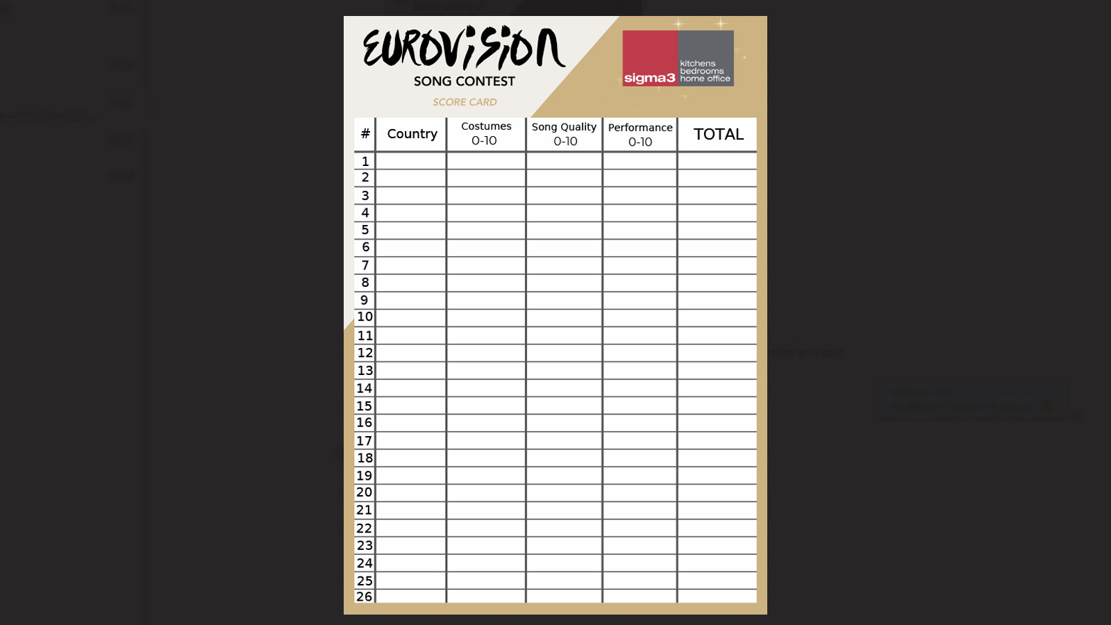 A Sigma 3 Kitchens Eurovision Song Contest 2025 Score Card