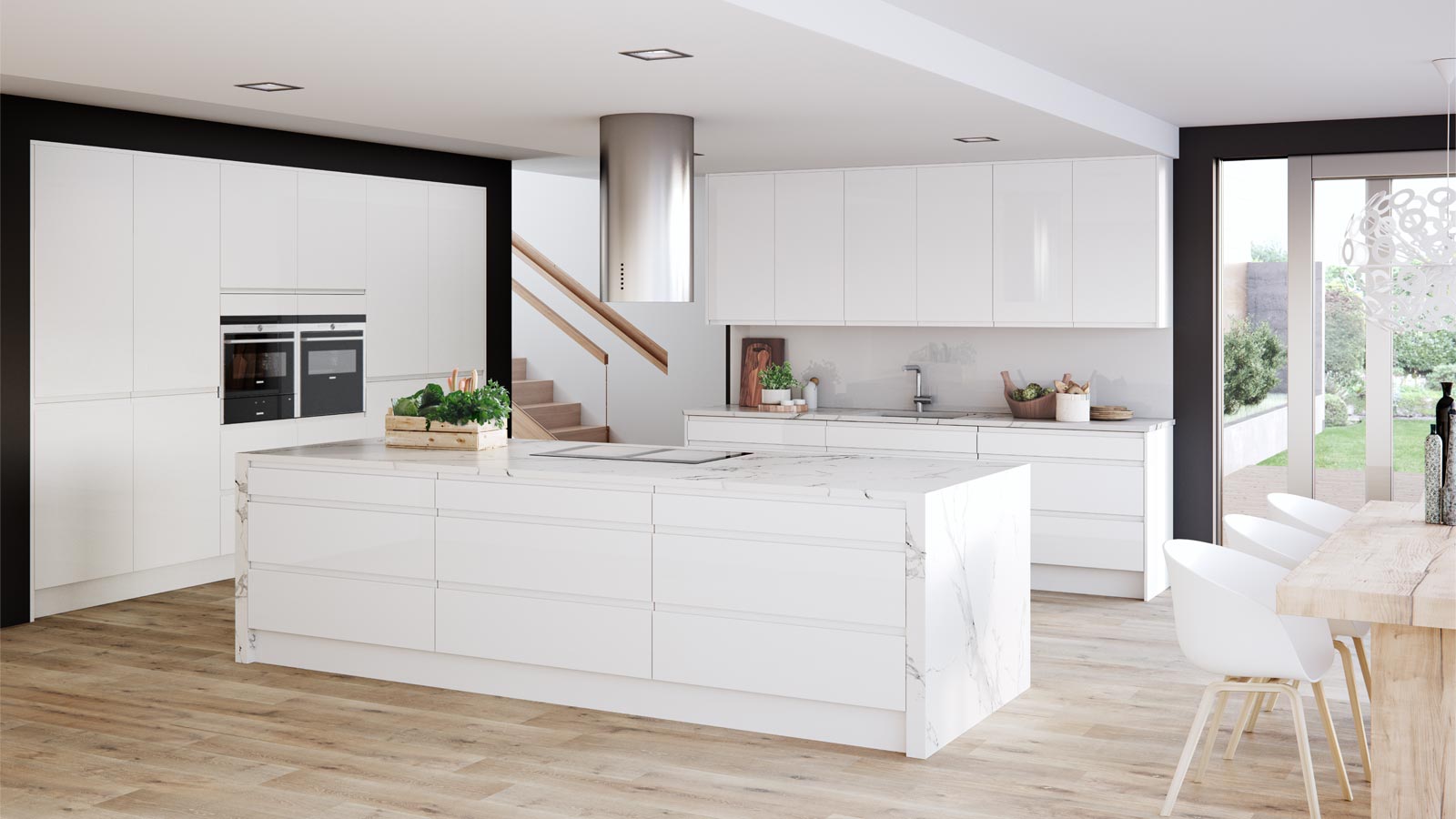 A white handleless kitchen with white gloss handleless kitchen doors
