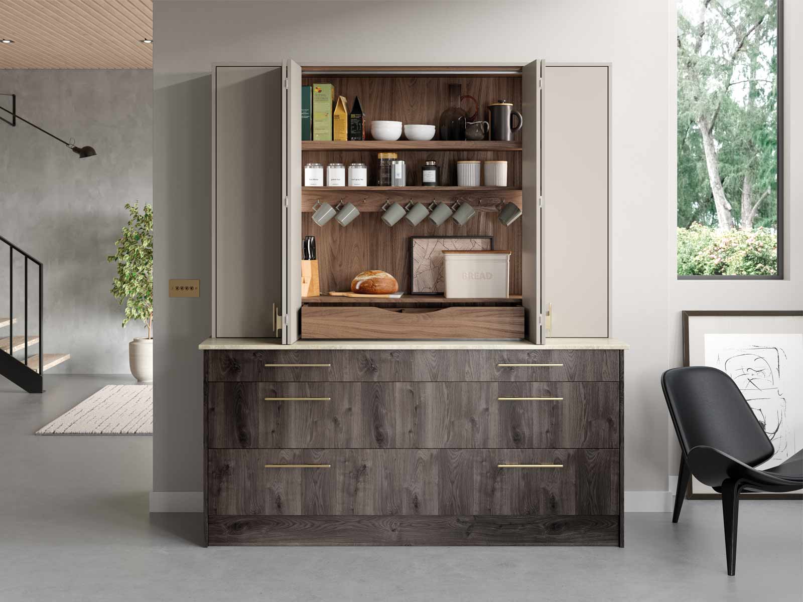 A luxury breakfast cupboard housing a tea station and coffee bar cabinet