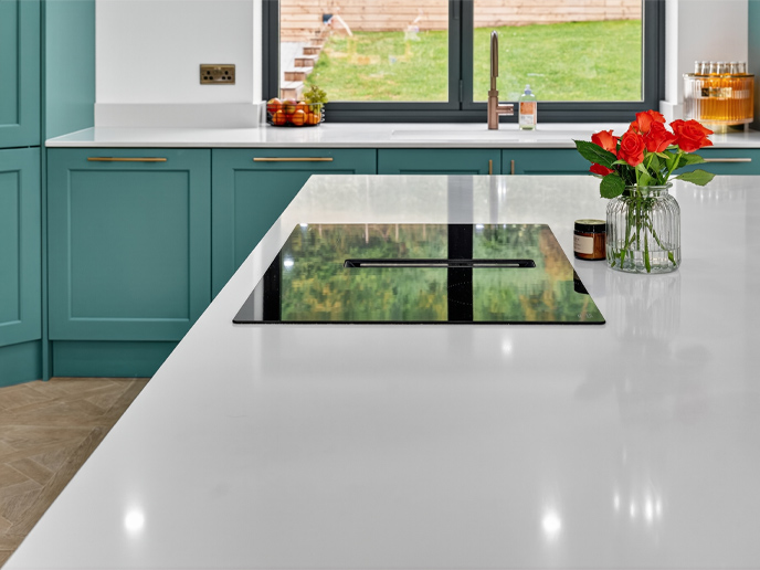An extension kitchen island worktop in a remodelled kitchen