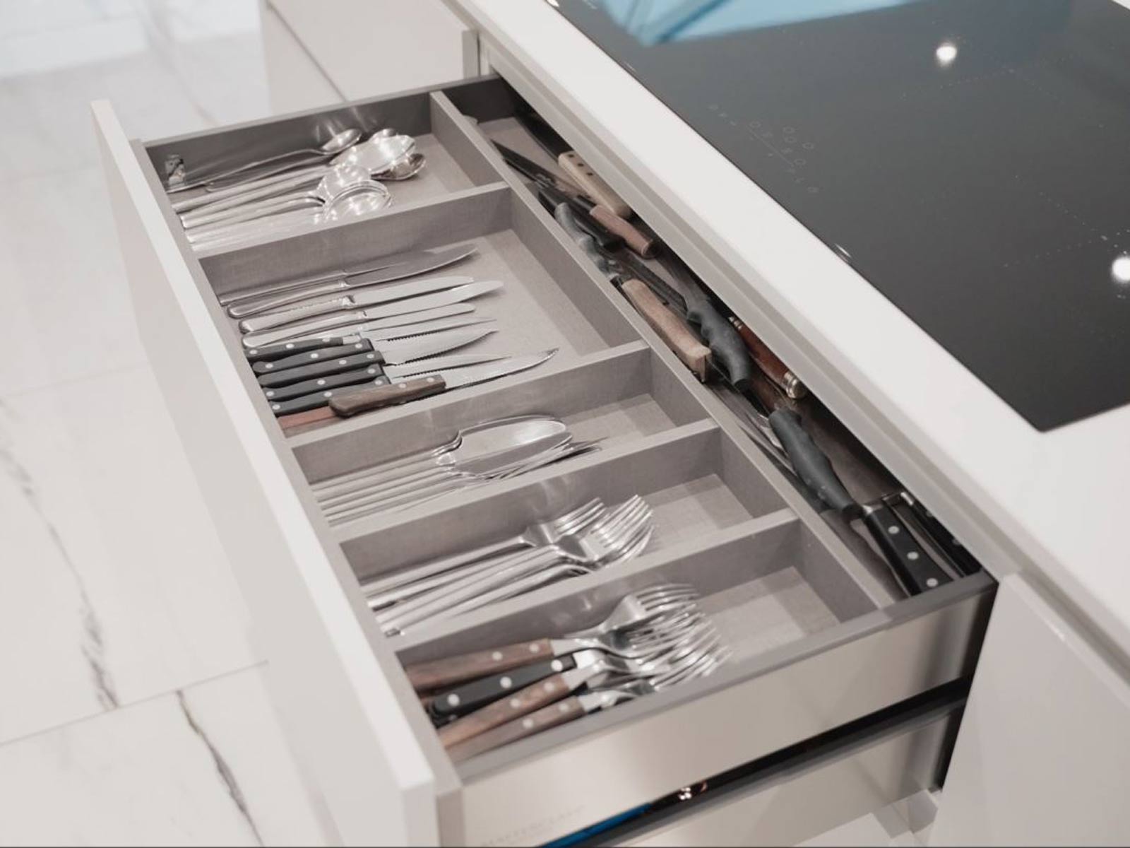 Steel drawers for cupboards with fitted kitchen drawer cutlery dividers