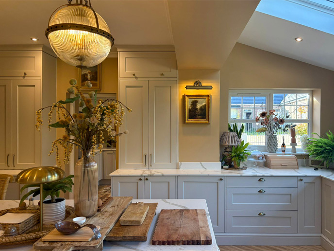 A classic Mediterranean kitchen with cutting boards and flowers