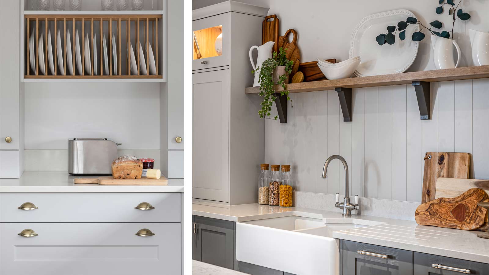 A wooden plate rack and a Belfast sink in a classic kitchen