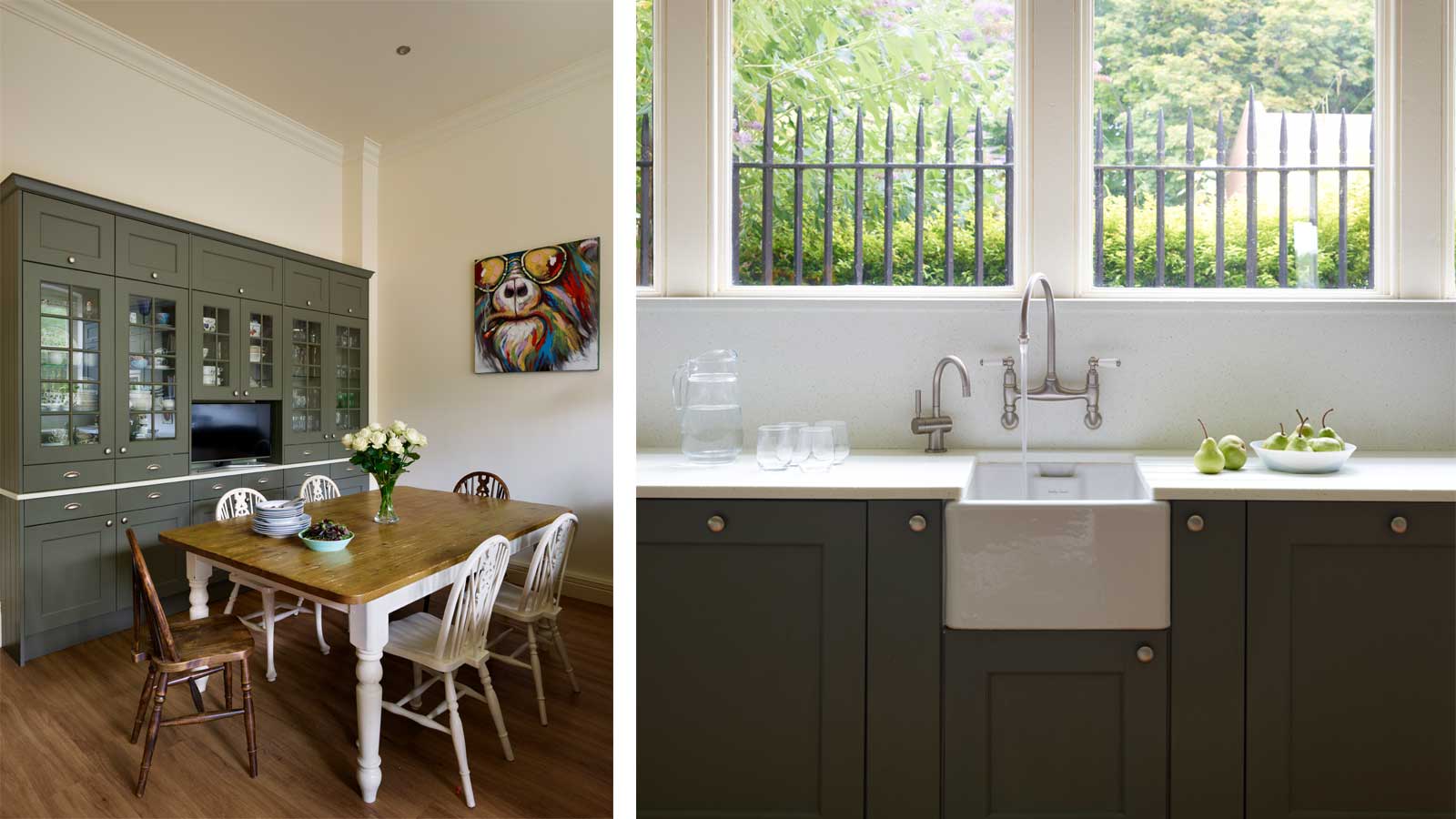 A Nancy Myers kitchen with a kitchen dining table and Belfast sink