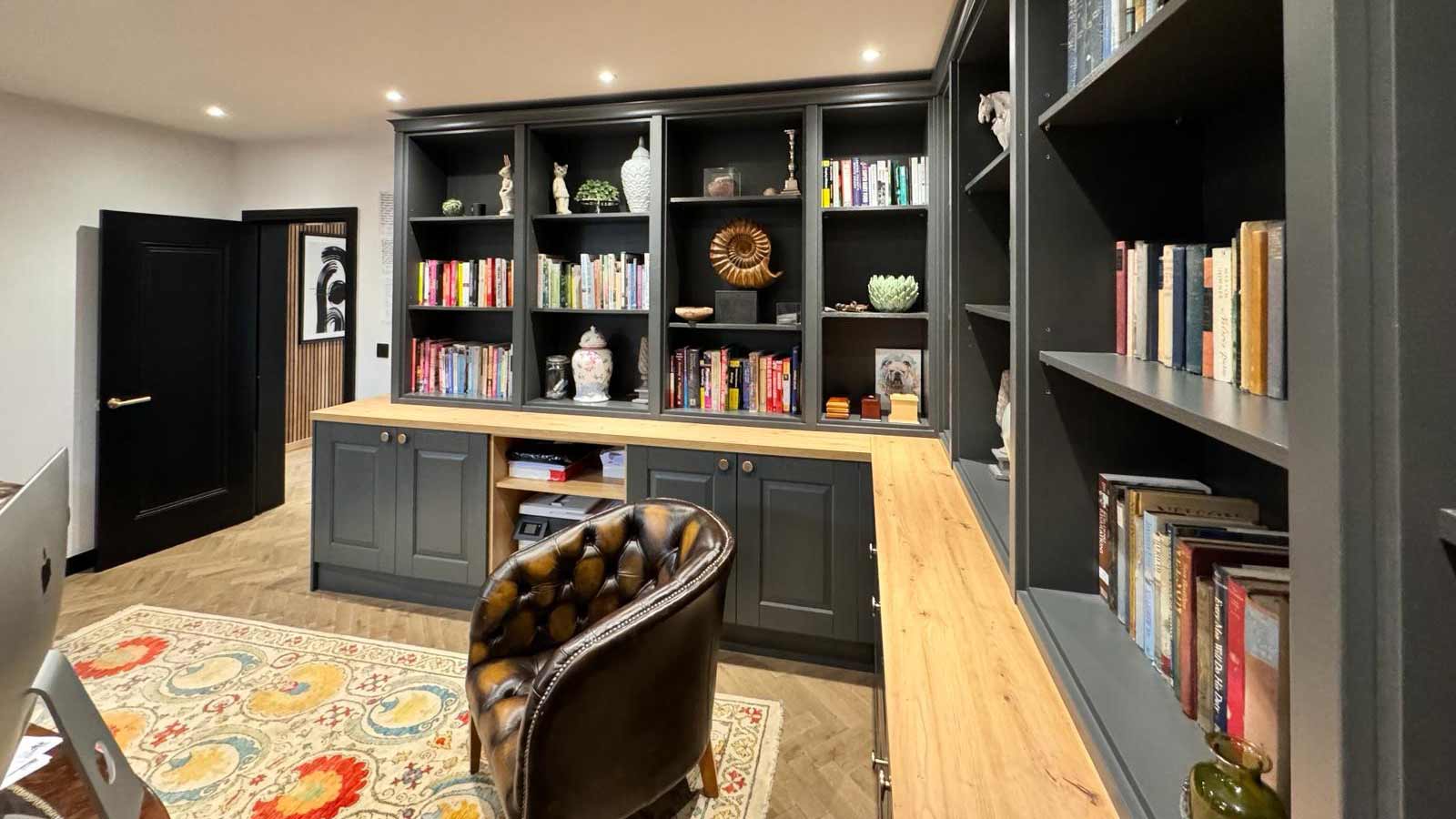 Wall bookshelves with a corner shelf unit sporting an oak shelf area