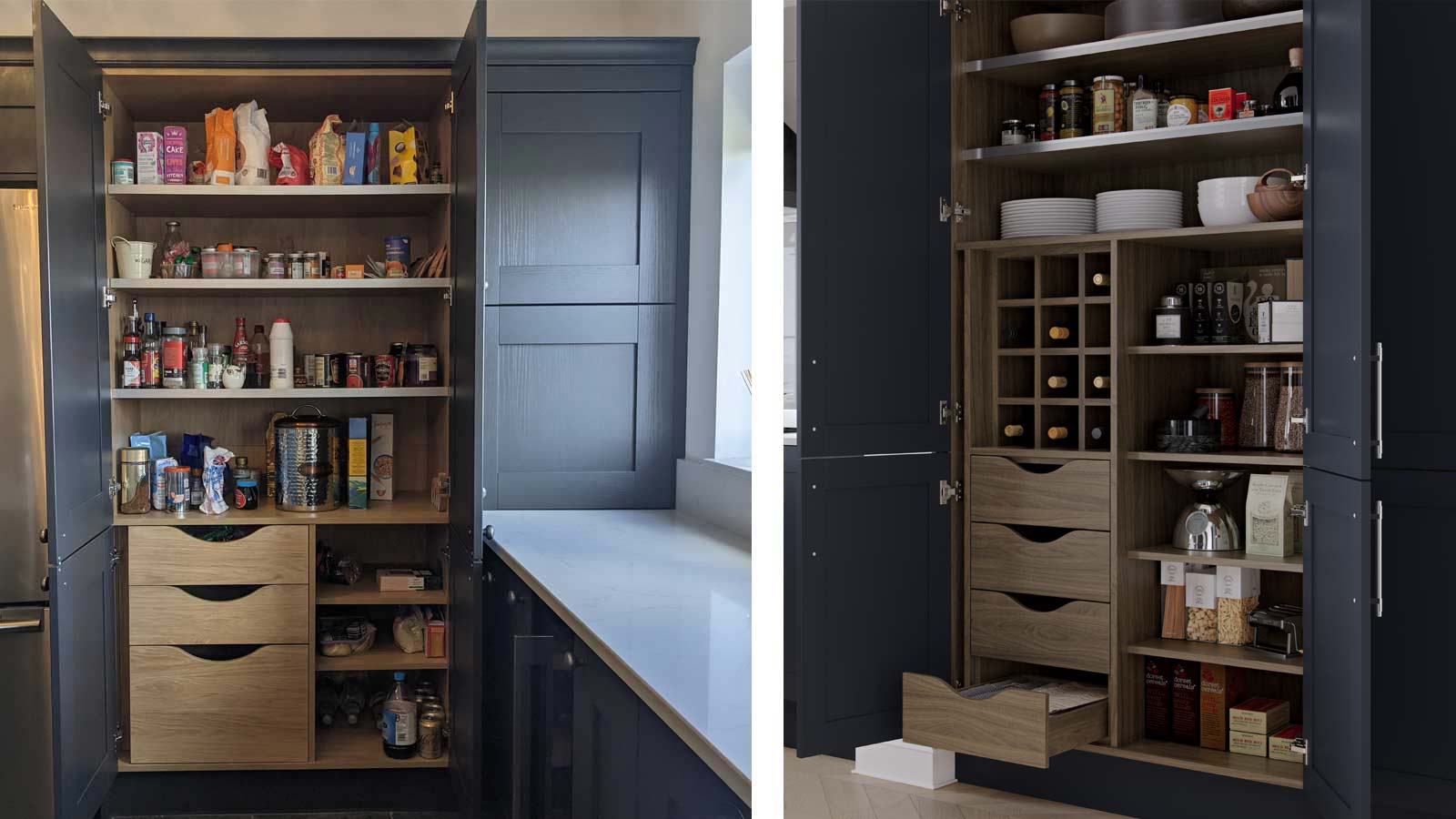 A modern mid-century dining pantry unit with a Scandi shelf unit