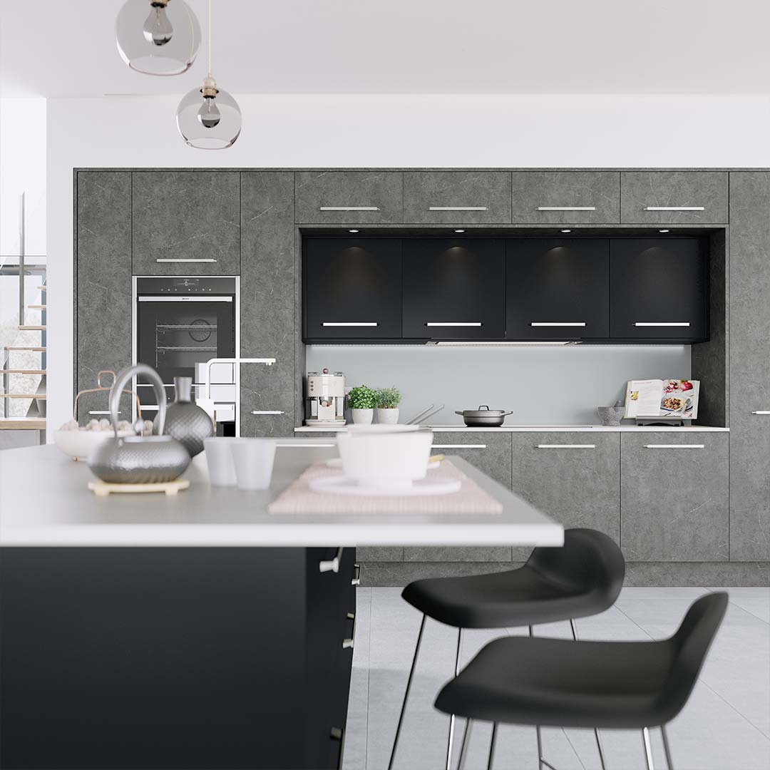 Black modern kitchen mixed with stone effect doors and worktops