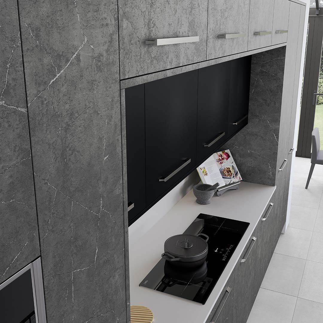 black modern kitchen with recessed wall cabinets