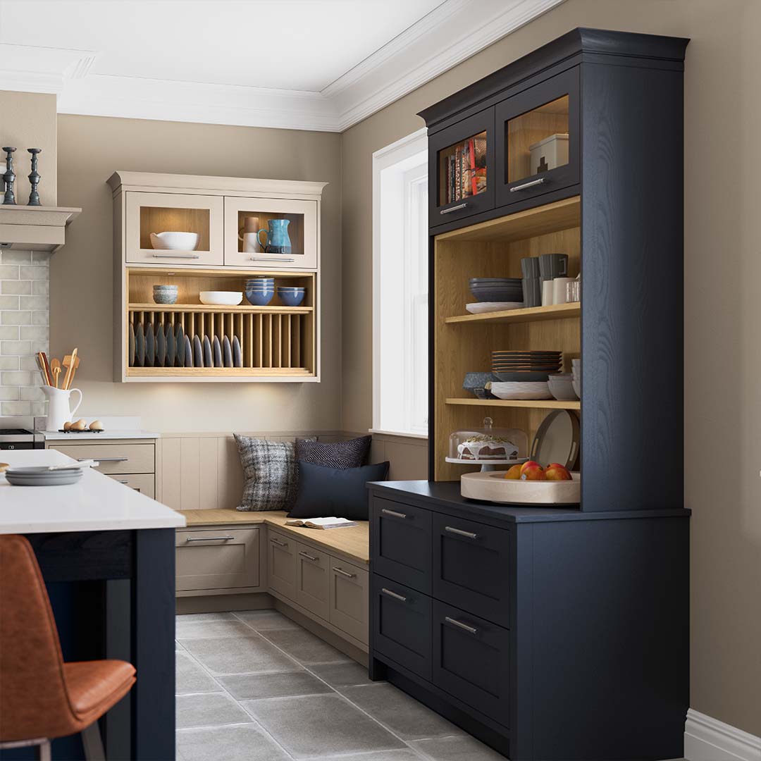 Blue shaker kitchen with open shelving and plate racks