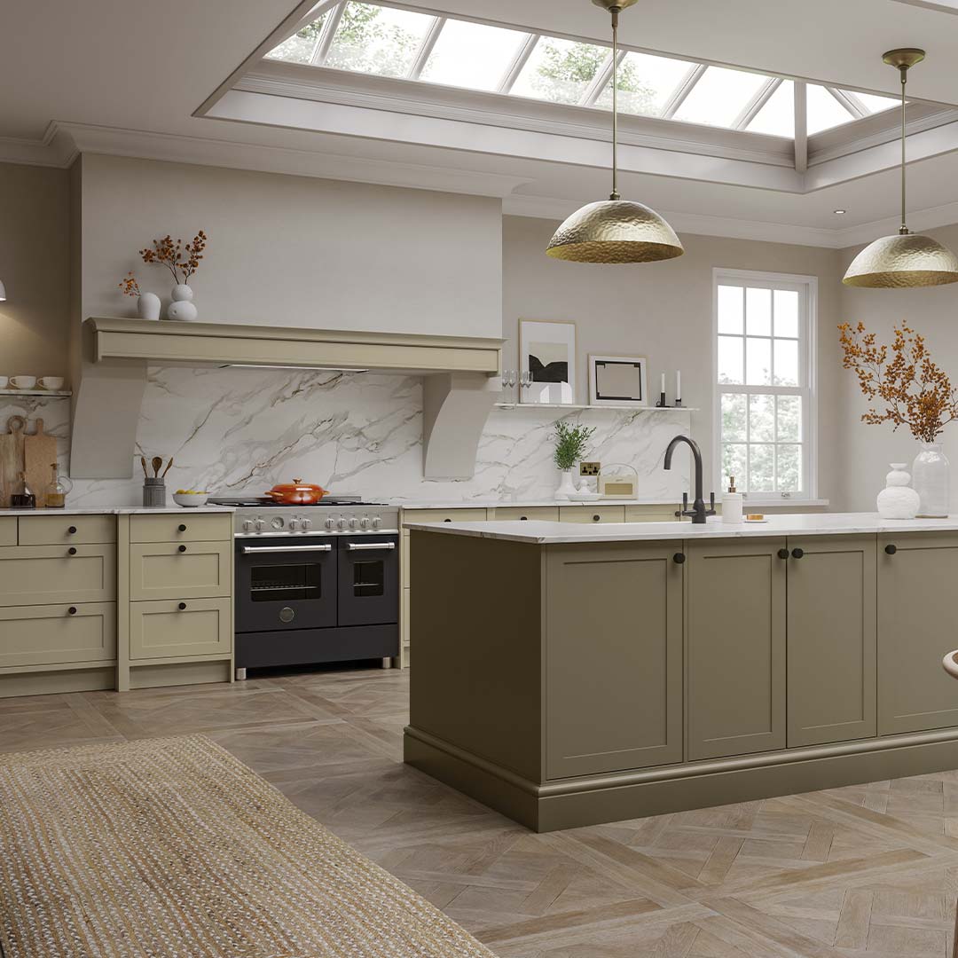 Country style shaker kitchen in sage green and olive green by Sigma 3 Kitchens