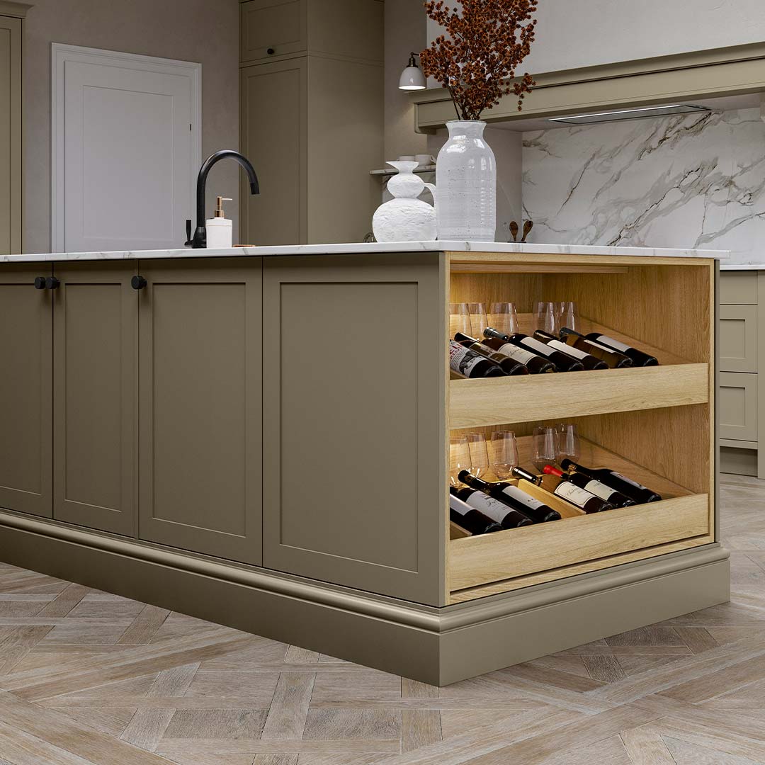 Oak wine drawers inside a country style shaker kitchen