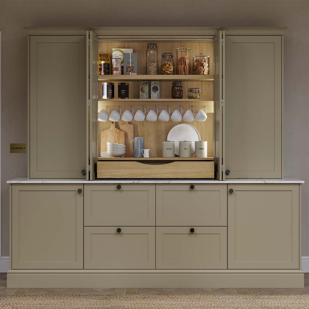 A breakfast dresser unit in a country shaker kitchen