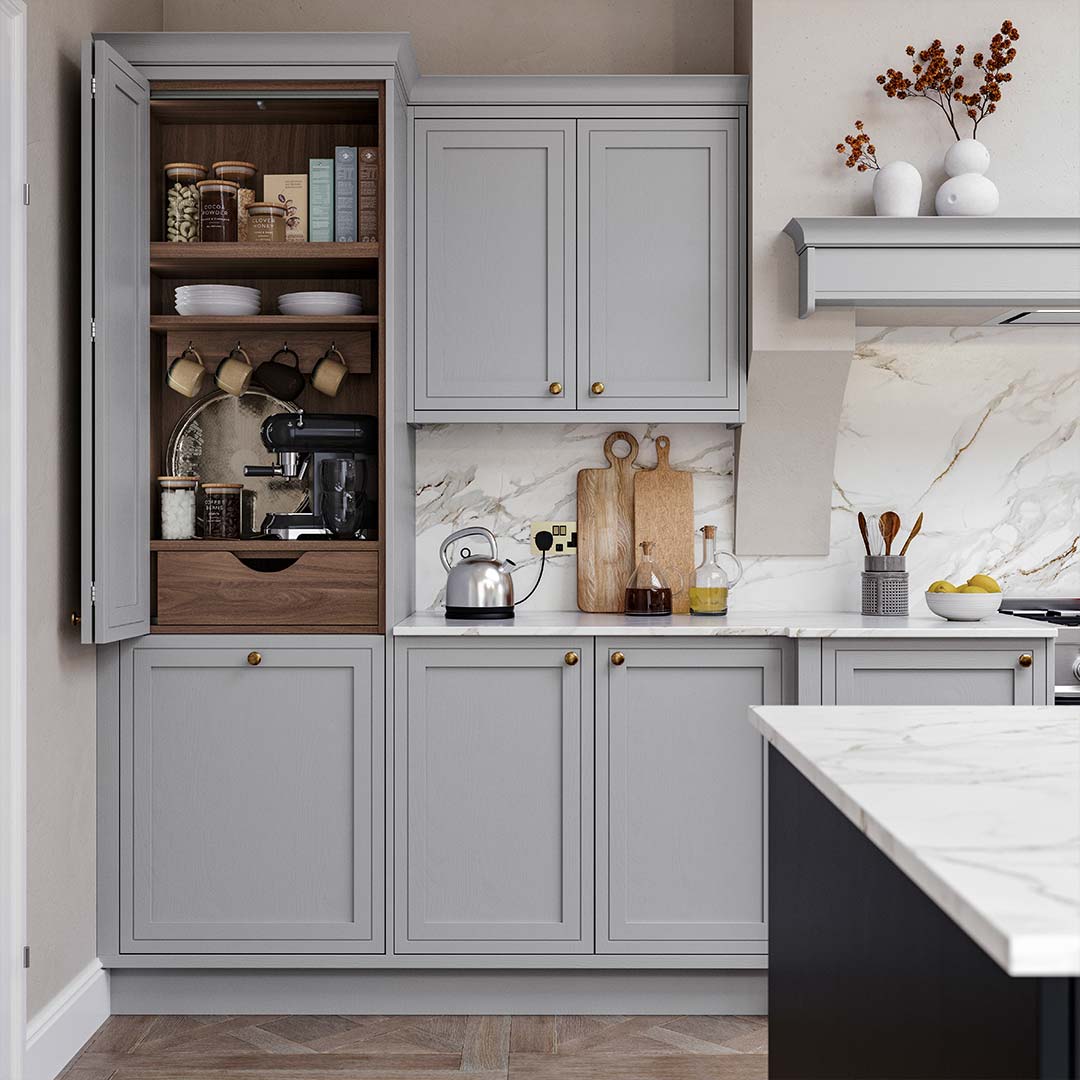 Inframe effect shaker kitchen in light grey with walnut cabinets