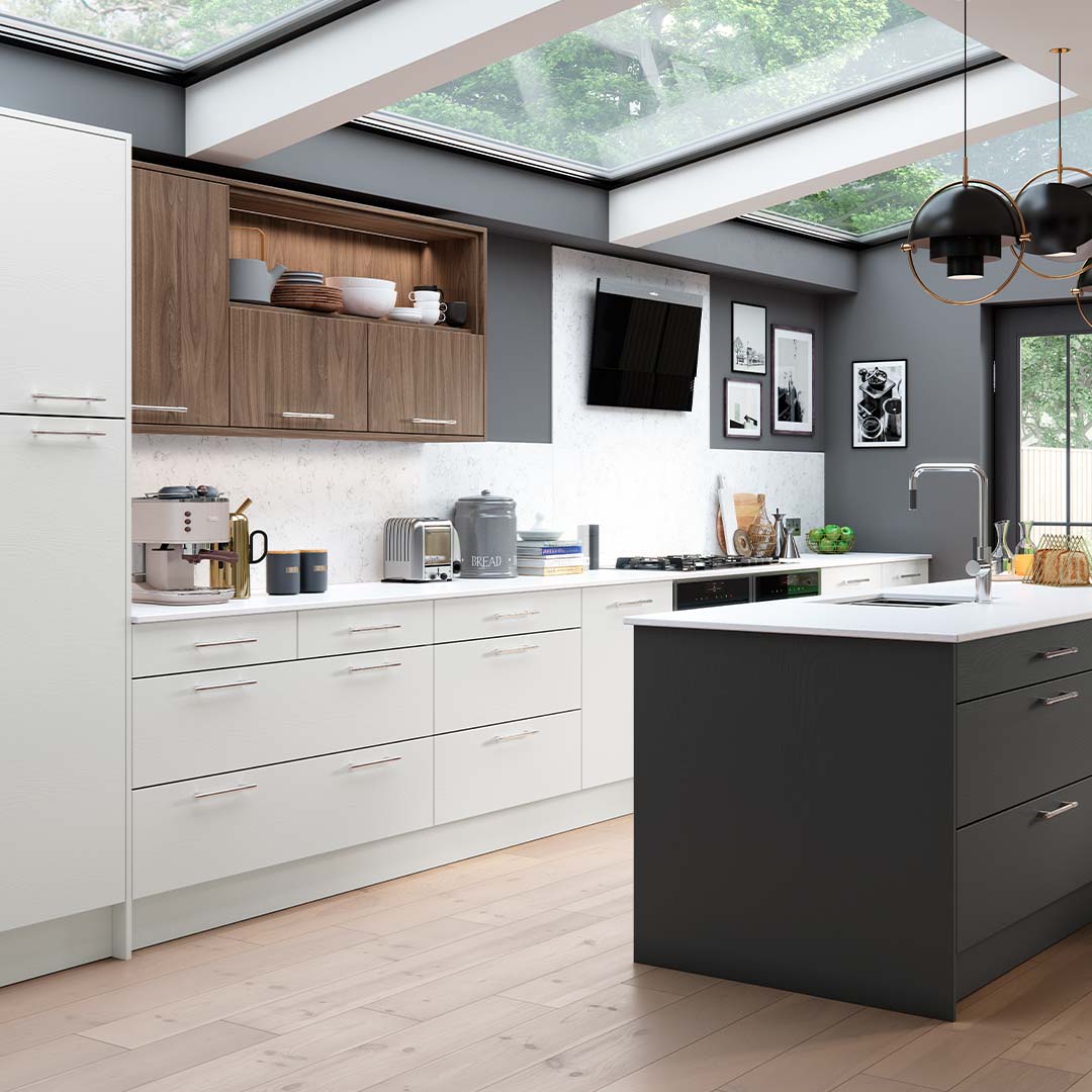 Mid century modern kitchen in light grey, dark grey and walnut