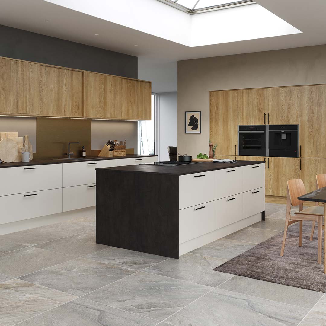 Modern scandi kitchen in light grey and oak, by Sigma 3 Kitchens