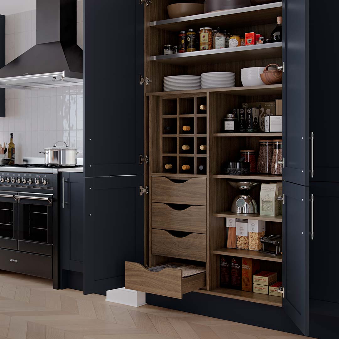 modern shaker kitchen with a walnut pantry