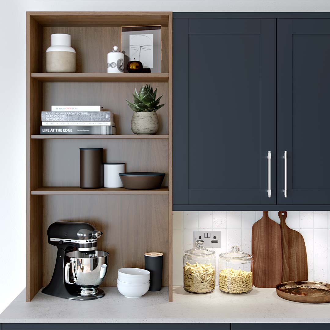 modern shaker kitchen with walnut open shelving